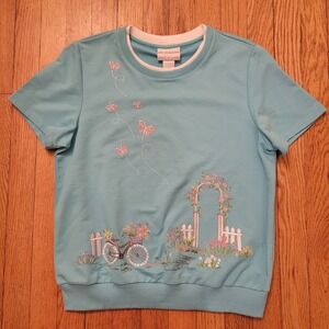 Alfred Dunner Aqua Embroidered Garden‎ Butterfly Sweatshirt PS Coastal Grandma